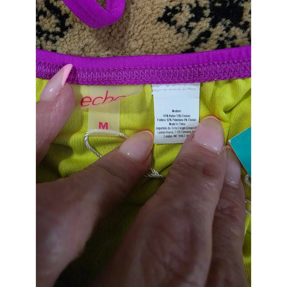 Echo Design Beach Purple Lime Green Triangle Bikini Set UPF 50+ NWT Medium